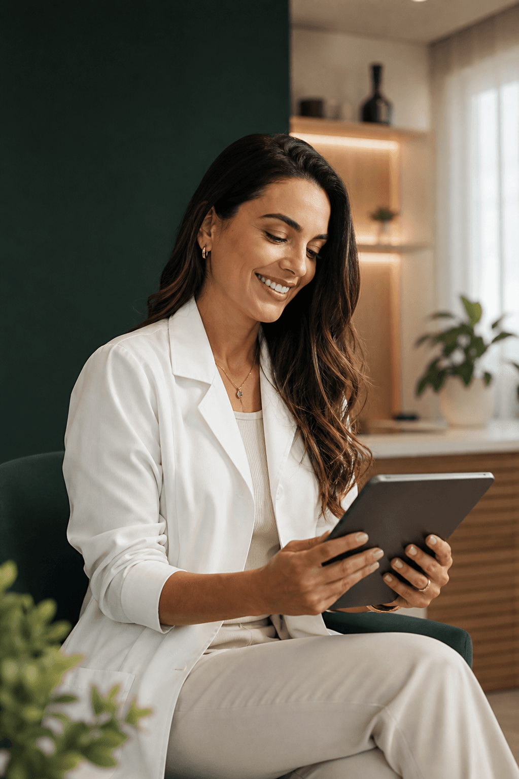 Profissional de saúde utilizando um tablet em seu consultório